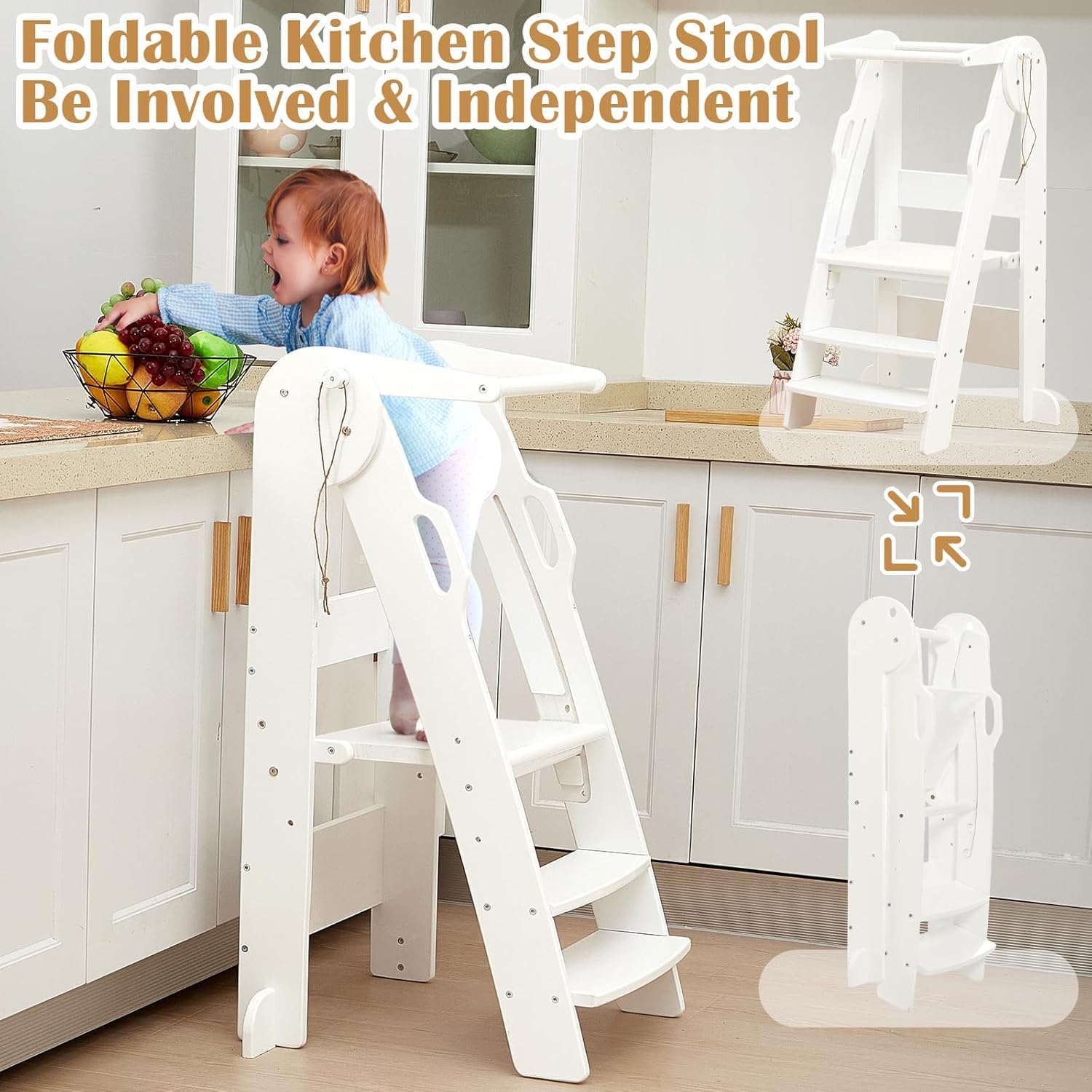 FUNLIO Taburete Plegable para niños de 2 a 6 años con Altura Ajustable de 3 Niveles, Taburete de Cocina Plegable con rieles de Seguridad, Taburete Montessori, fácil de Montar, Color Blanco