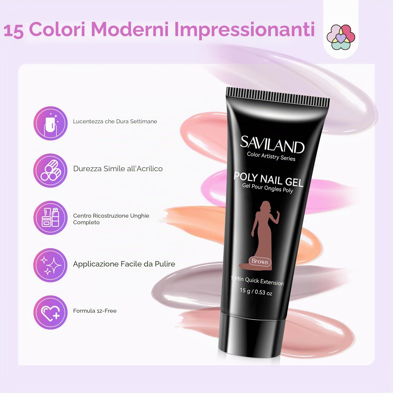 SAVILAND Kit Unghie Gel Completo 15 Colori 15g Polygel per Unghies con Lampada U V e Slip Solution, Kit Ricostruzione Unghie Professionale con Base y Top Coat Adatta per l'autunno e l'inverno