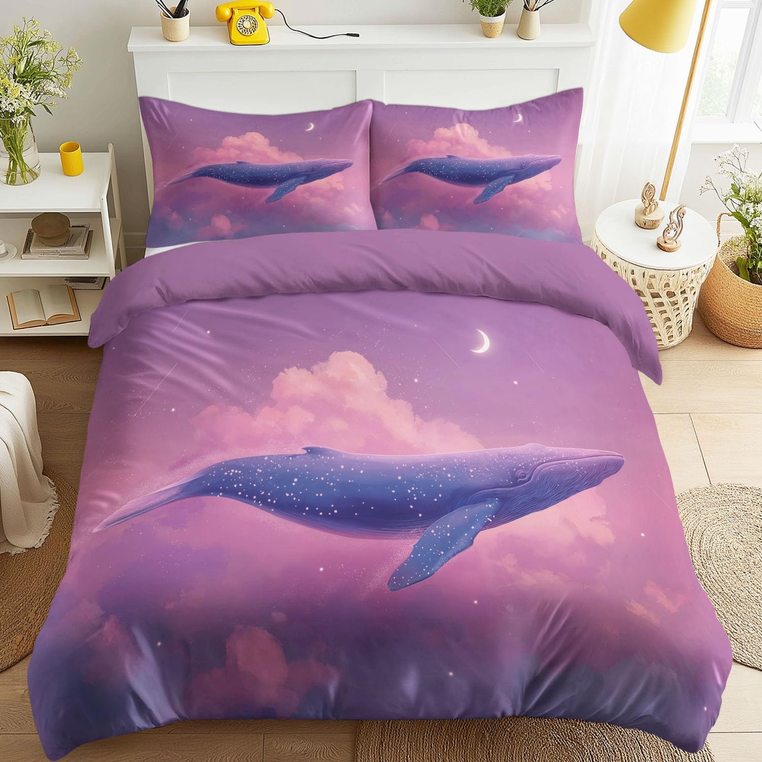 Générique 220 x 240 Dyskretny i niewidoczny suwak fioletowy fantazyjny zestaw pościeli sen zwierzę bajka nadruk zestaw pościeli wieloryb chmury półksiężyc poszwa na kołdrę dla dorosłych