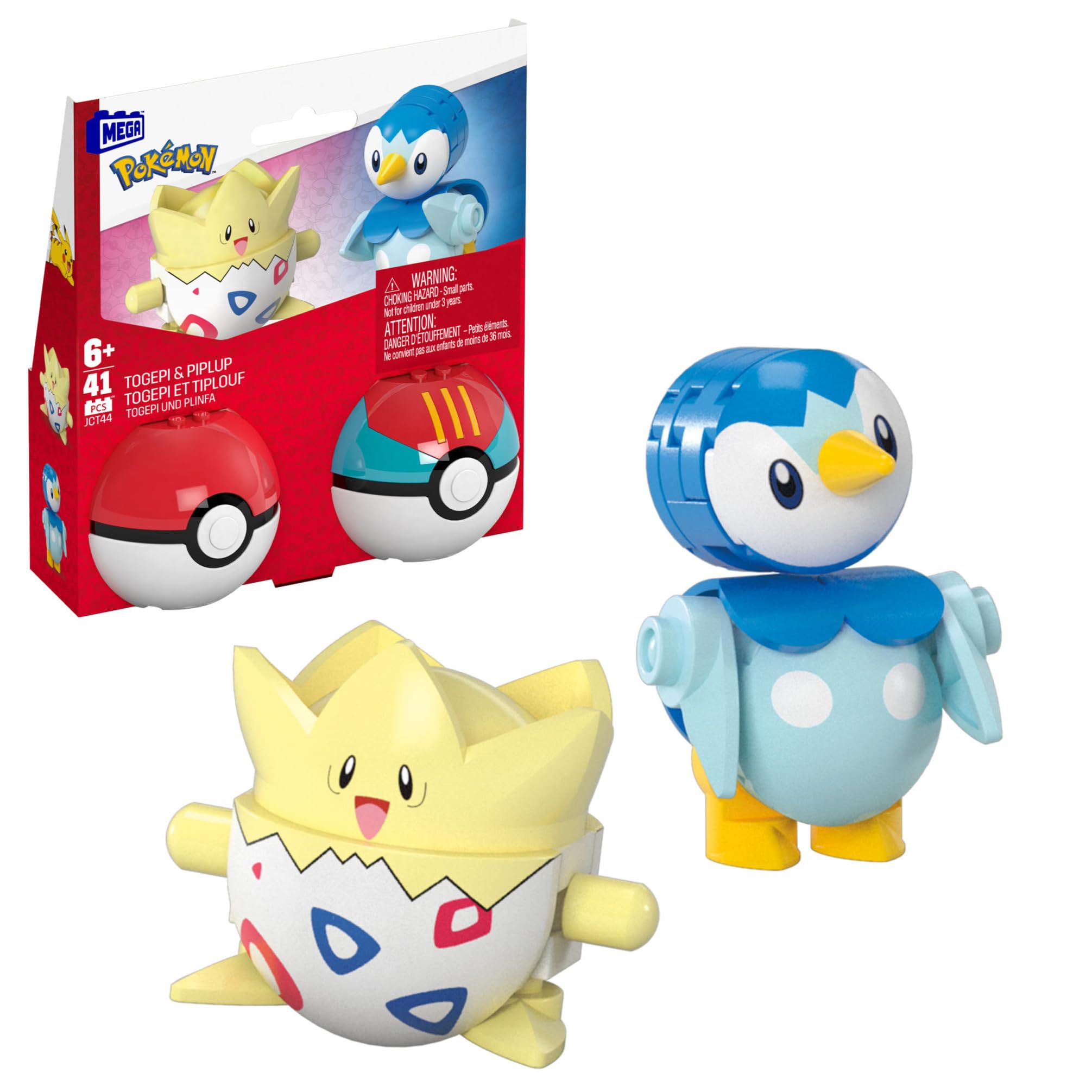 MEGA Pokémon Action Figure Building Toys Set, Poké Ball 2-Pack, Togepi and Piplup with 41 Pieces, for Kids, JCT44