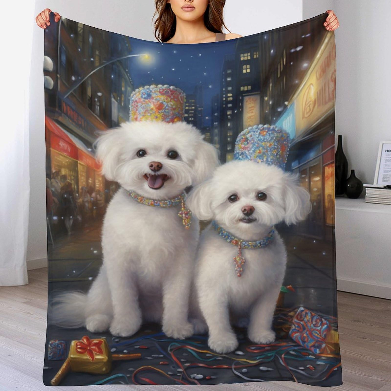 Couverture Bichon frisé pour jeté de canapé cocooning au salon