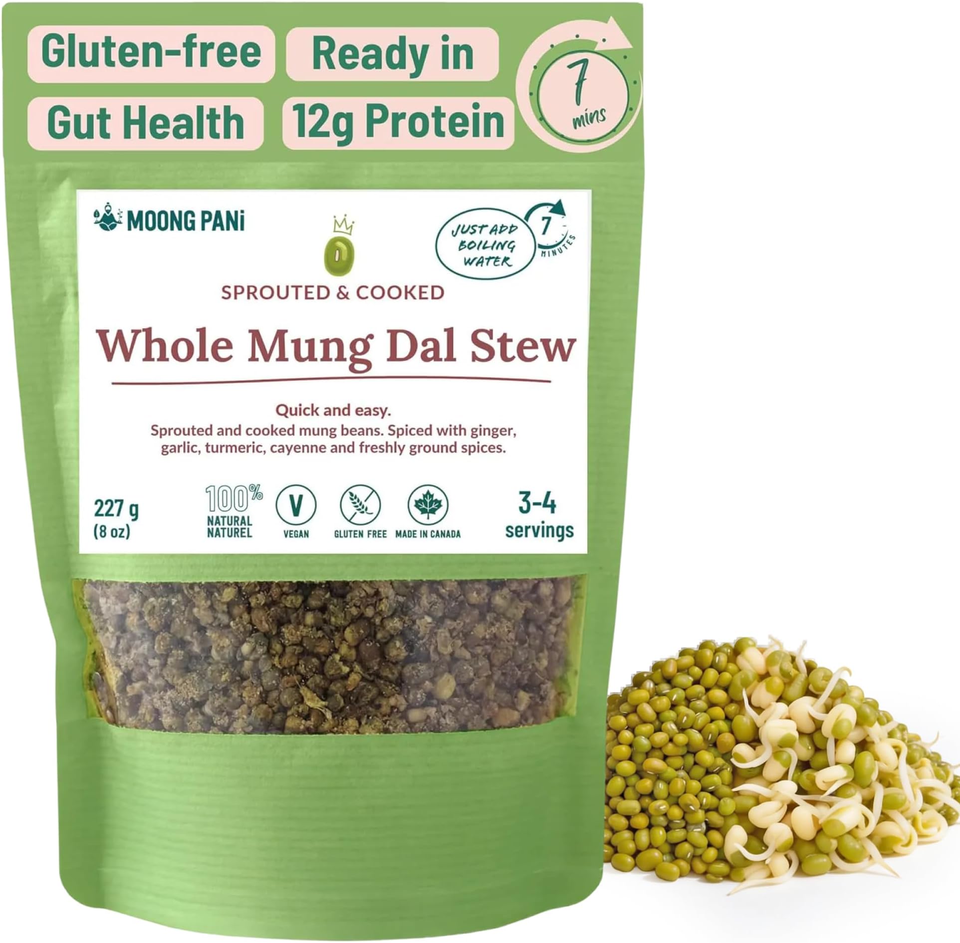 WHOLE MUNG DAL CURRY | Made with cooked, spiced and dehydrated green whole mung | Vegan | Gluten-Free, Soy-Free | All Natural | Ready in 7 mins | 4 servings