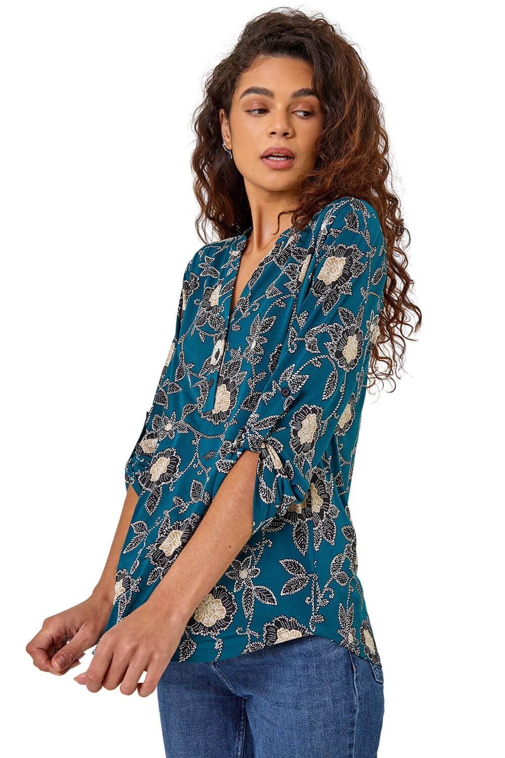 Roman Shirt for Women UK Ladies Top Collarless Blouse Stretchy Tunic Smart Casual Autumn Winter Jersey 3/4 Length Sleeve Notch V Neck Flattering Office Work - Green Camel Black - Size 14