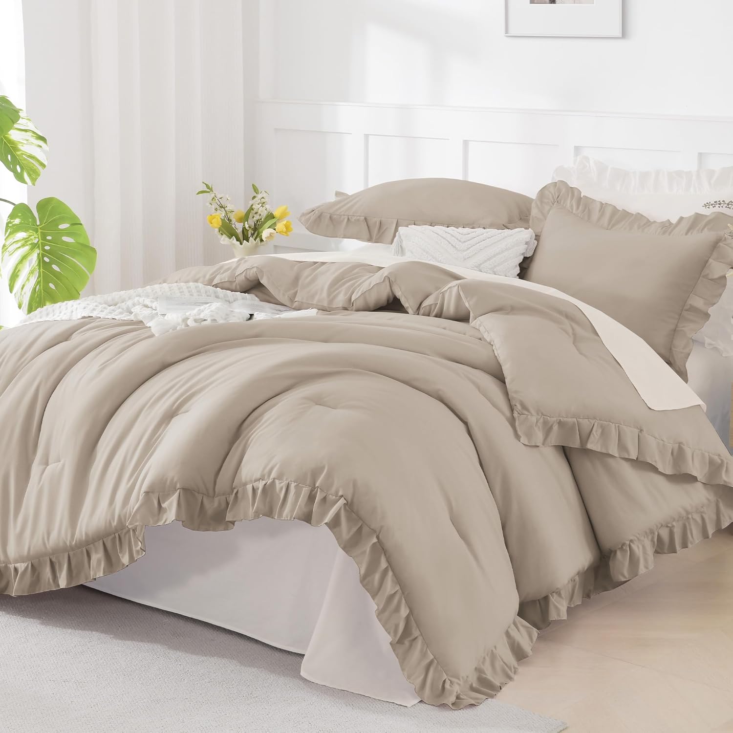 Andency Wheat Ruffle Comforter Queen(90x90Inch), 3 Pieces(1 Ruffled Comforter and 2 Pillowcases) Vintage Fringe Bed Set, Farmhouse Rustic Microfiber Down Alternative Bedding Set