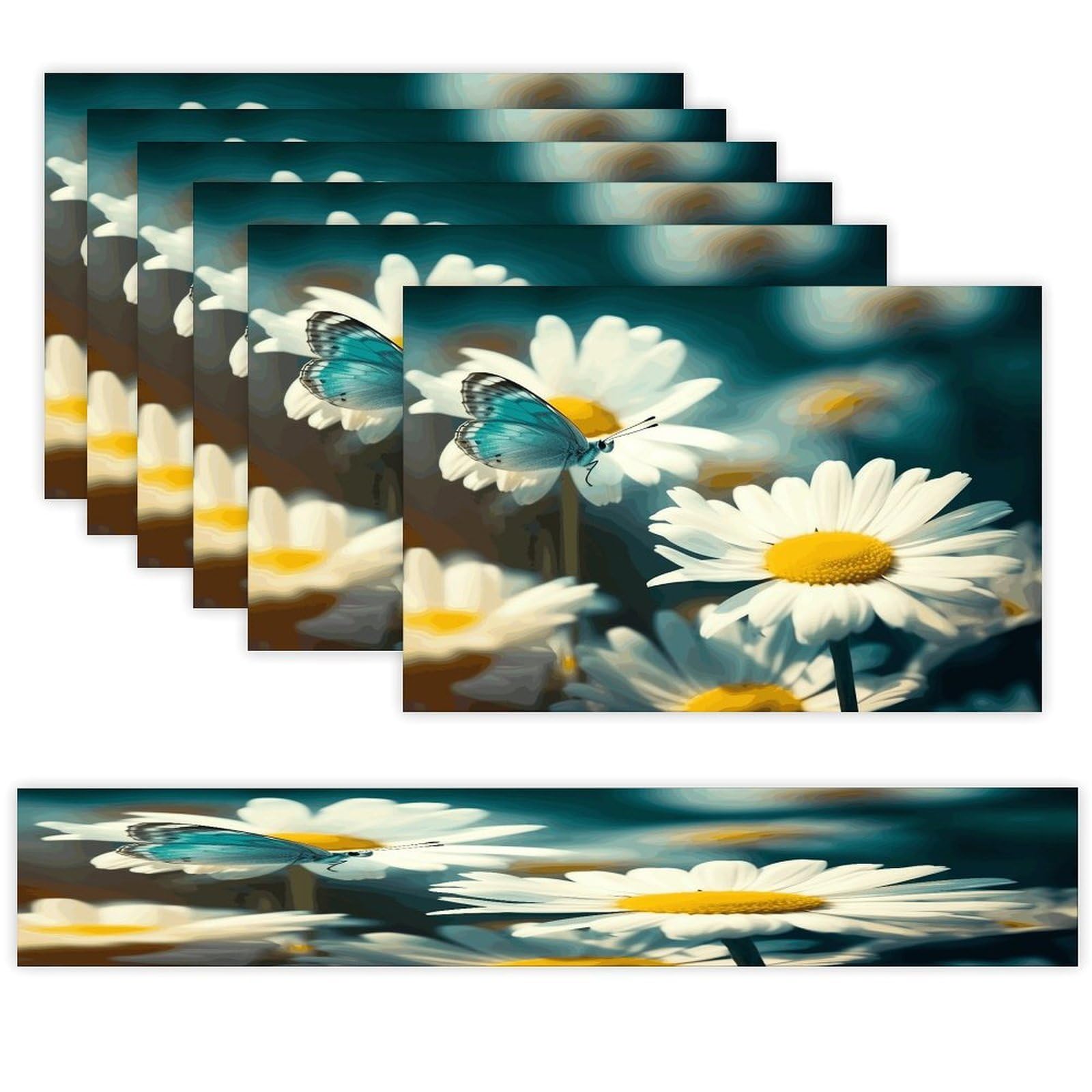 Daisies and Butterflies Table Runner and Placemats Set of 6 Heat Resistant Washable Table Runners Dining Mat Sets Modern Cloth Place Mats Linen Table Decor for Kitchen Dining Room