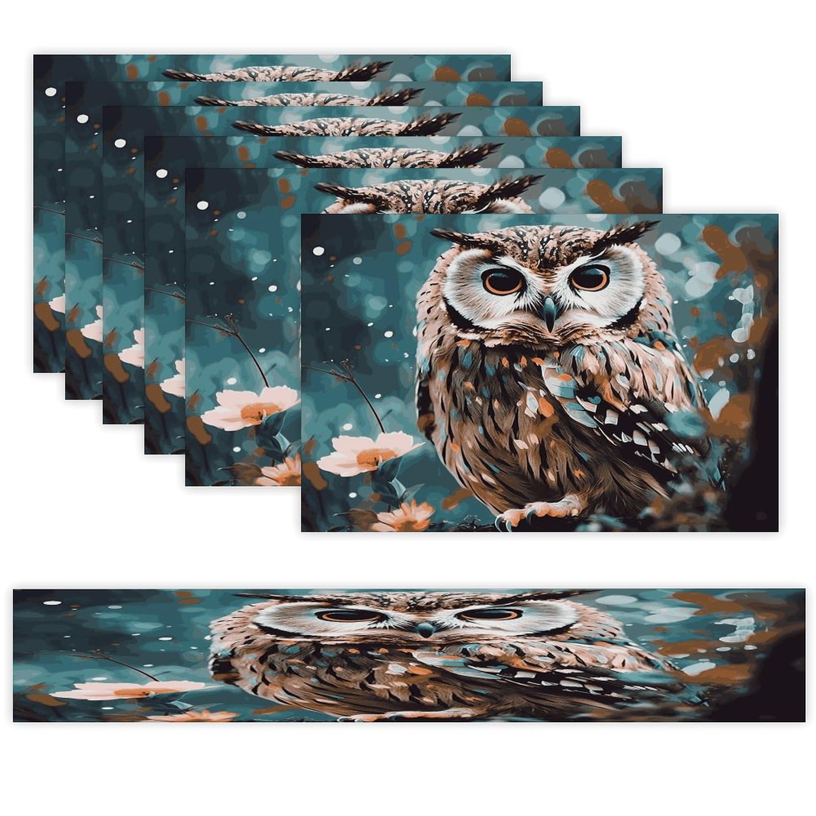 Animal Cute Owl Table Runner and Placemats Set of 6 Wipe Clean Heat Resistant Table Mat with Table Runner Decorations Flax Linen Place Mat Set for Home Kitchen Party Supplies