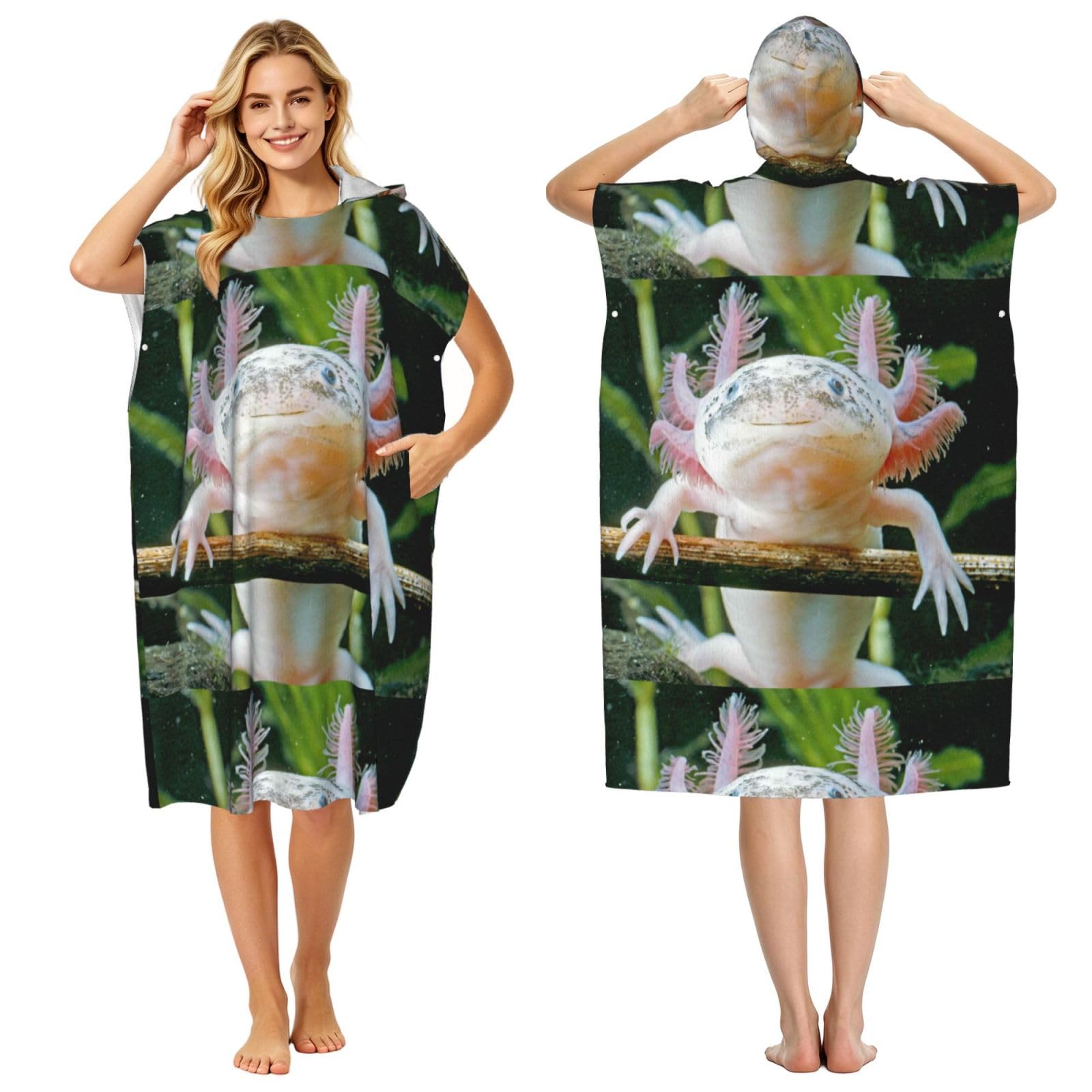 Poadnly Axolotl, Adult Hooded Beach Towel 90 x 110 cm,Changing Bath Robe, Surf Poncho Towel For Women Men