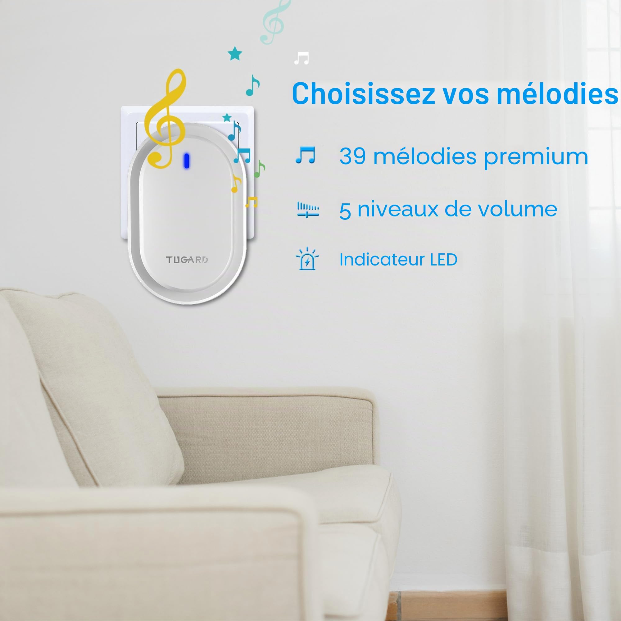 Détecteur sans Fil de Sonnette pour Portes et fenêtres, 39 rapports, 2 sonnettes d'alarme 4 Paires de capteurs pour Portes, système d'alarme pour la sécurité à la Maison, Blanc