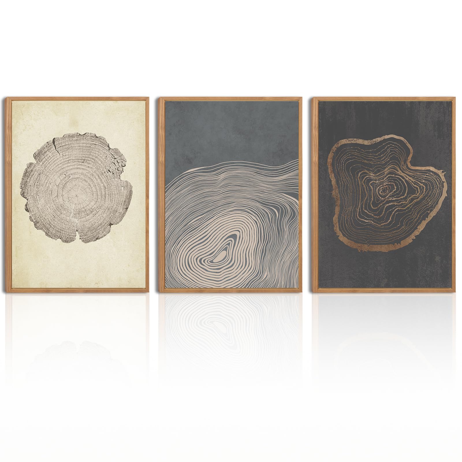 AnyzalFramed Tree Ring Canvas Wall Art Set of 3 Modern Tree Spiral Art Print Nature Abstract Wall Decor Wood Artwork for Living Room Bedroom Office 12"x16"