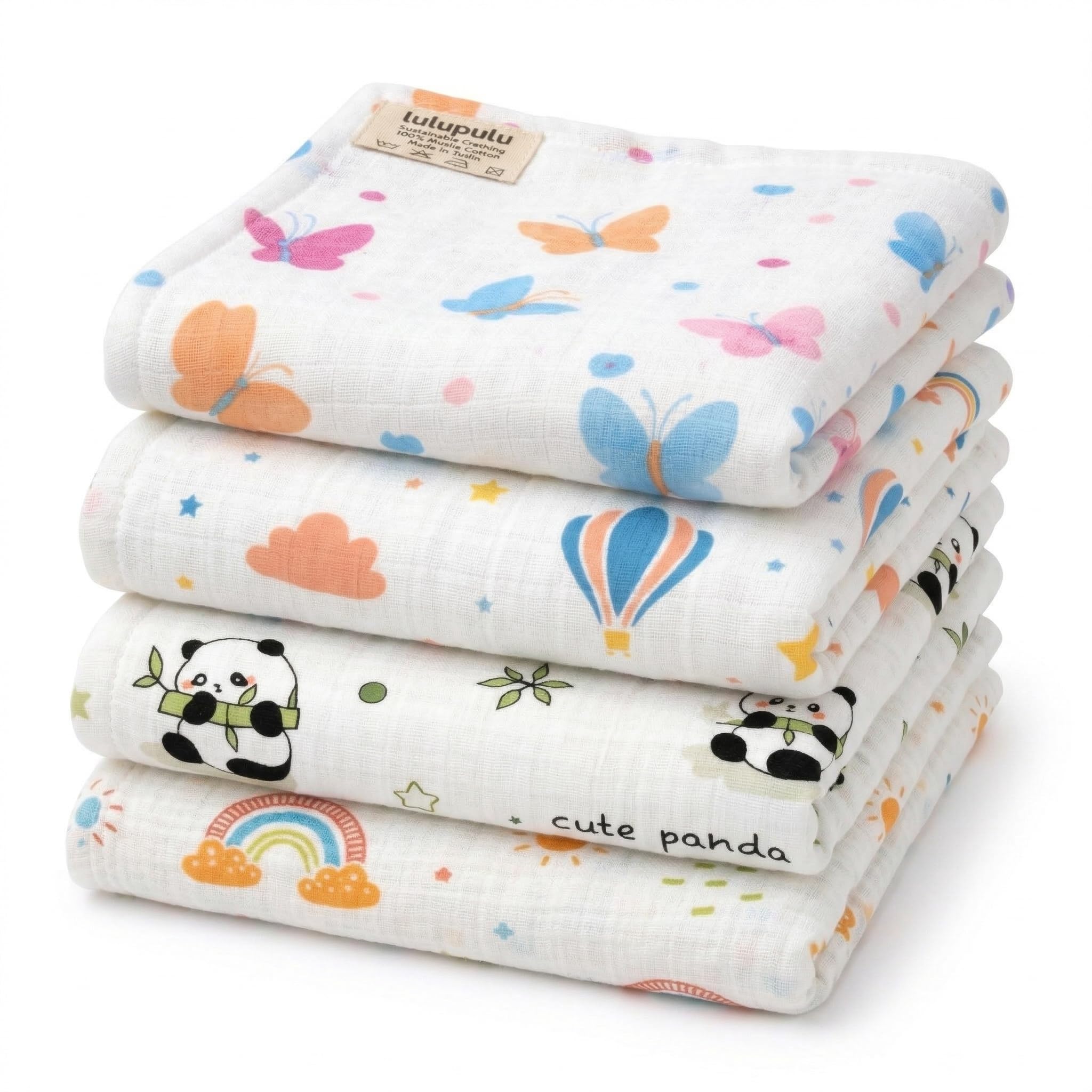 100% Cotton Muslin Baby Swaddle Blanket Set | Ultra Soft, Breathable & Lightweight Baby Wrap/Towel | Newborn to 18 Months | Cute Panda, Butterfly, Rainbow & Balloon Prints | Pack of 4-image-34