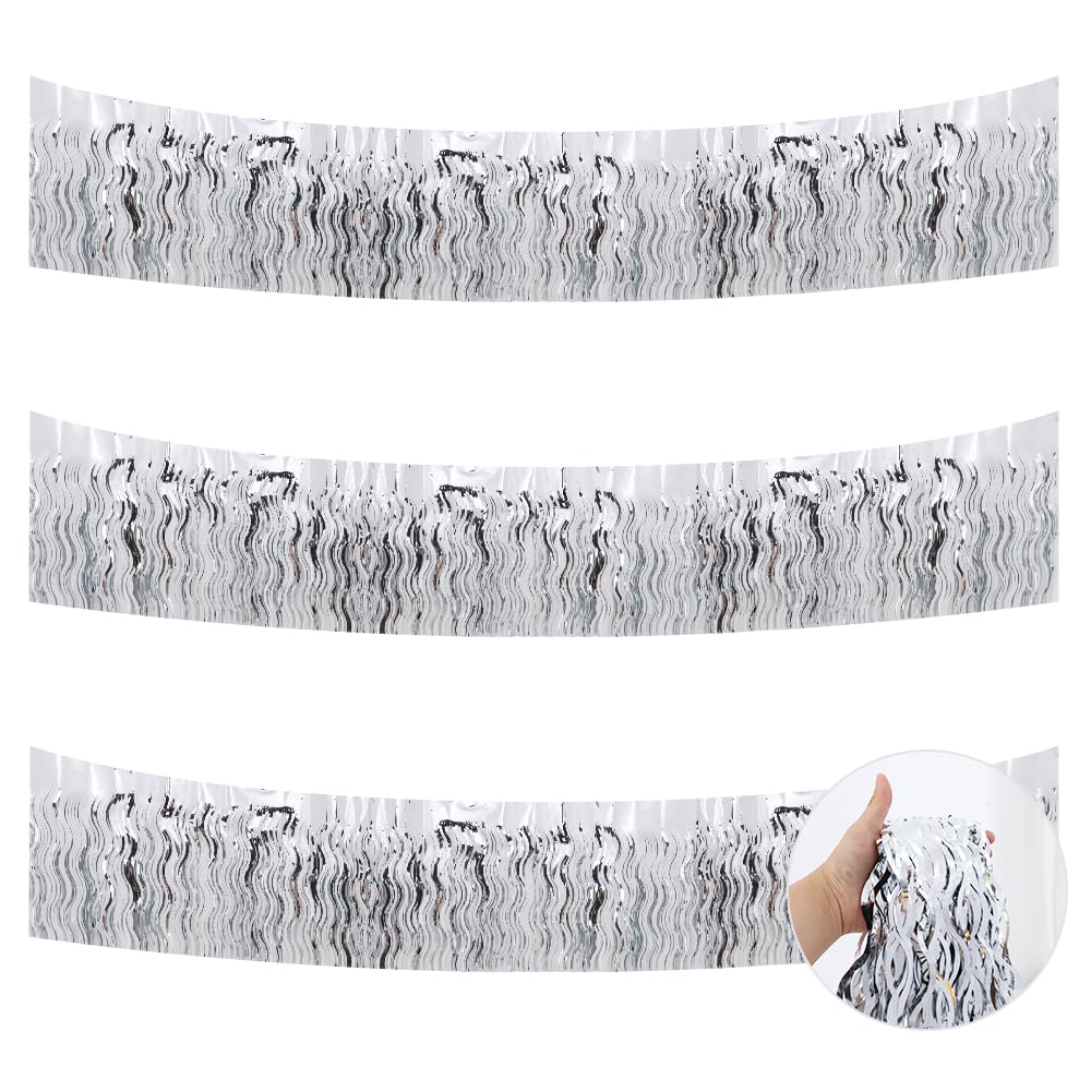 BEISHIDA 3 Pack Silver Wavy Foil Fringe Garland 30ft Tinsel Wall Decor