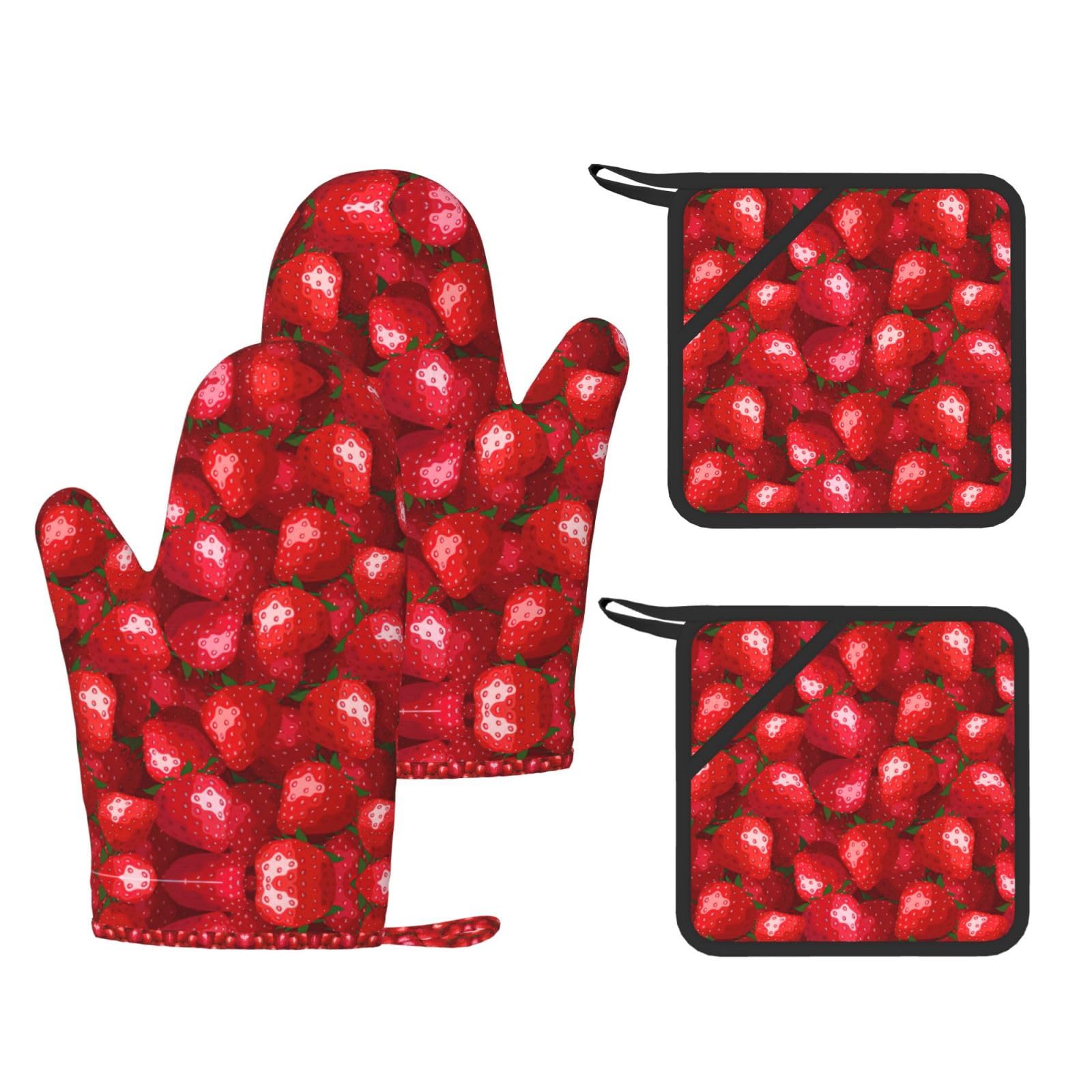 Red Strawberry Printed Oven Gloves and Hot Pads Set of 4, High Heat Resistant Silicone Mitts for Cooking BBQ