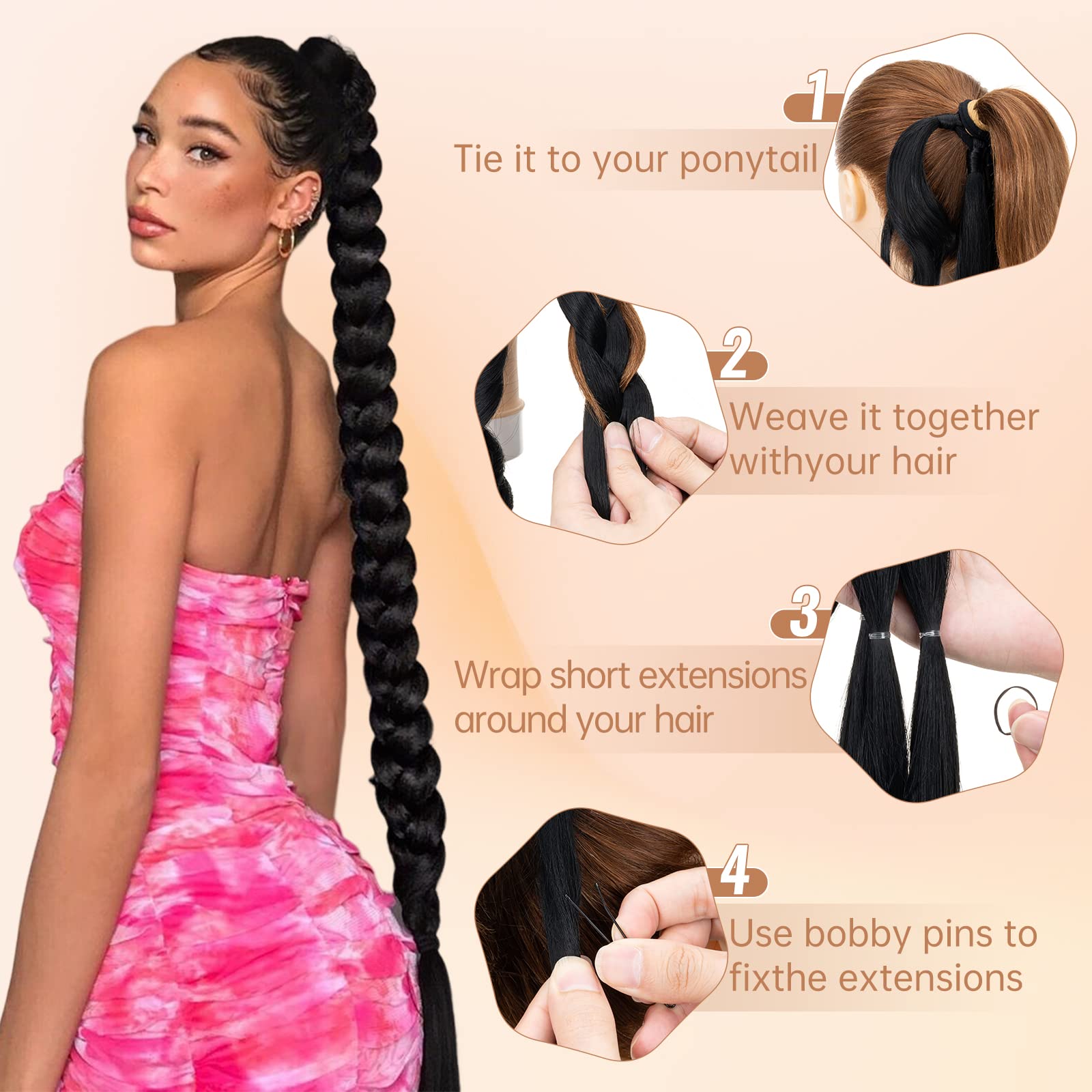 MY-LADY Long DIY Braided Ponytail Extension with Elastic Tie Straight Wrap Around Braid Hair Extensions Pony Tail Soft Synthetic Hairpiece for Women 34 inch Natural Black - Image 3
