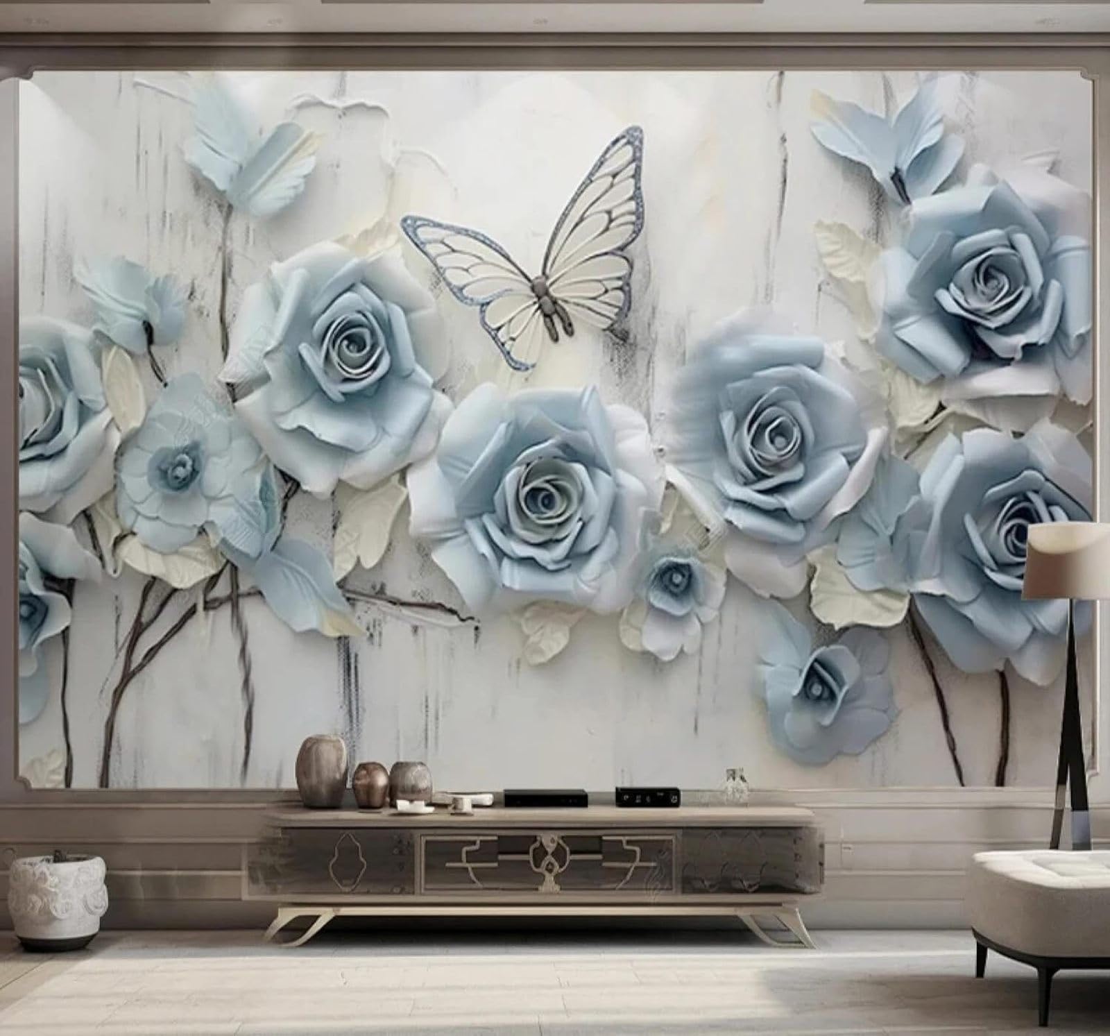 XLMING Relief Beautiful Blue Flowers Butterflies 3D Wallpaper Luxury Silk Study Dining Feature Sofa Grey Bedroom Living Room Tv Decorative Wall-200cm×140cm
