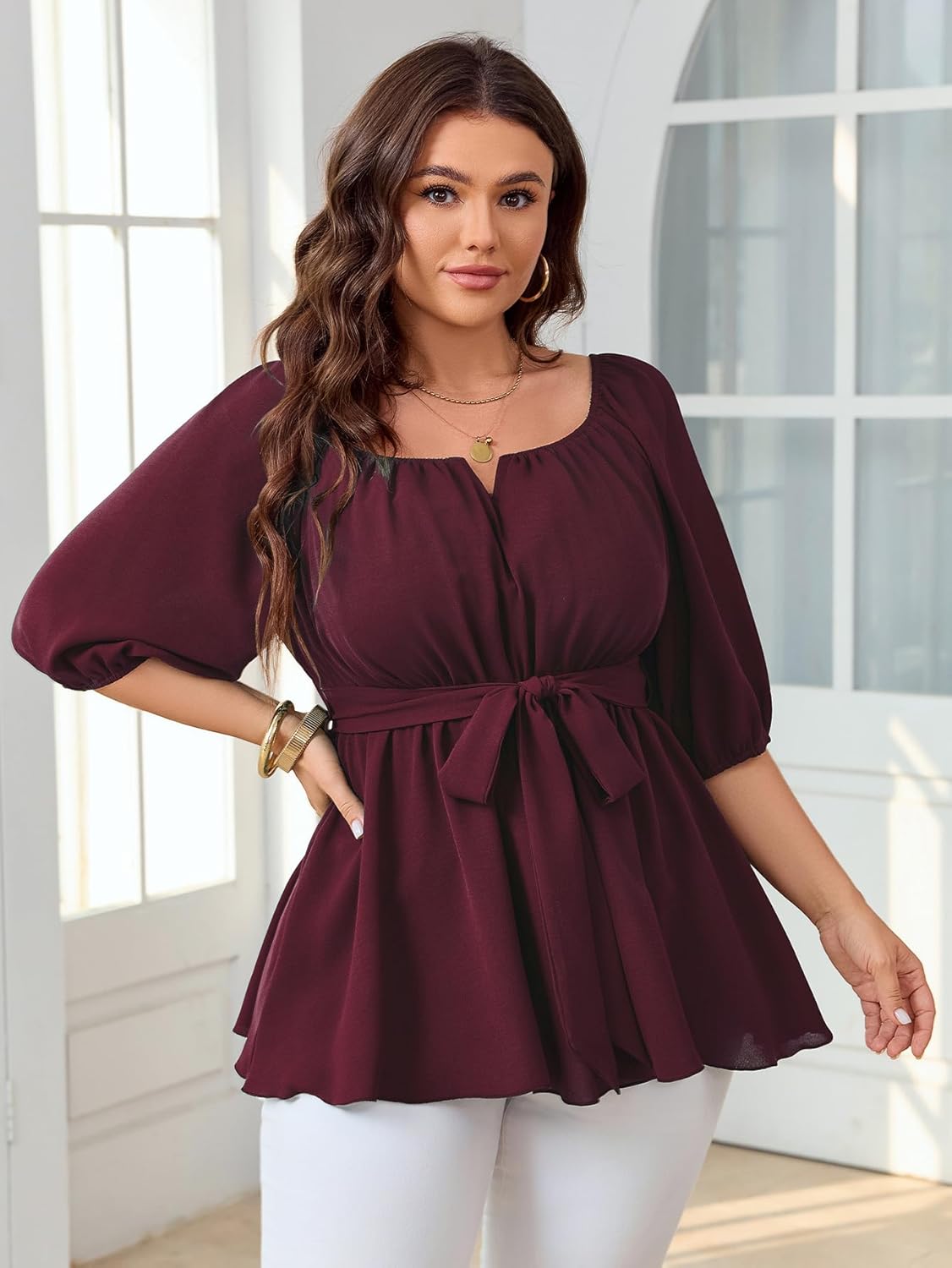 Women's Plus Size Square Neck Peplum Blouses Dressy Tops 3/4 Puff Sleeve Empire Waist Tie Ruffle Hem Babydoll Top - Image 7