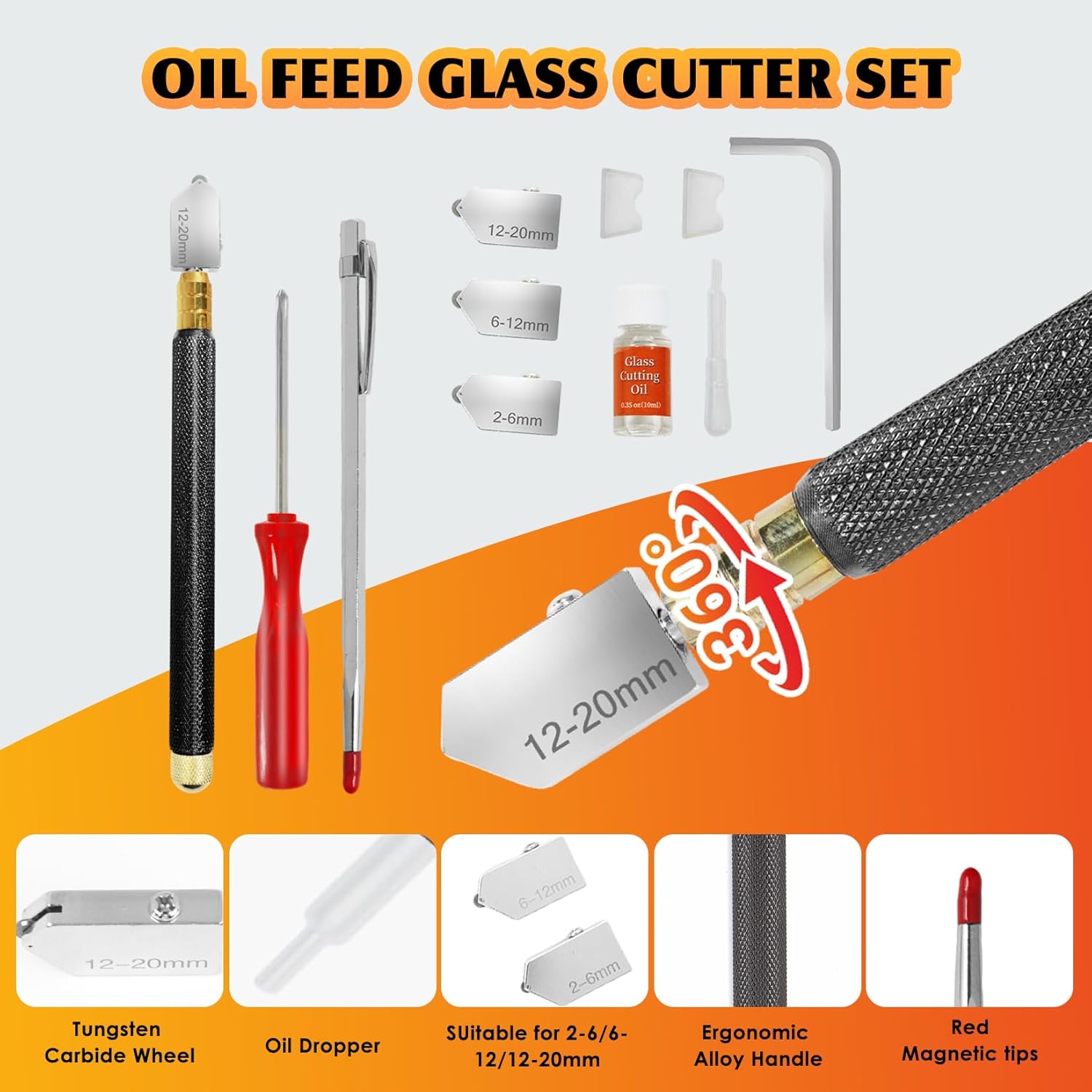 14-Piece Glass Cutting Tool Kit, Glass Cutter 2-20MM, 8" Wheeled Tile Nippers & Glass Running Pliers, Breaker Grozer Pliers, Aluminum Cutting Ruler - for Stained Glass, Tiles, Mosaic Cutting