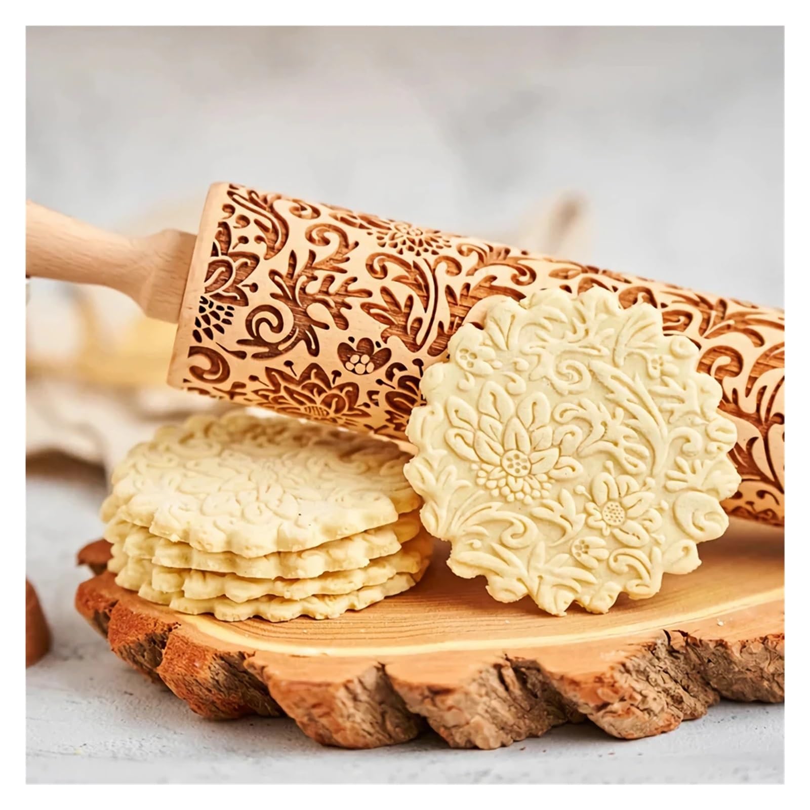 Rodillo de Madera de 13,7 Pulgadas con Estampado de Girasol for repostería, Galletas y Grabado Profundo. para Cocina, Pastelería