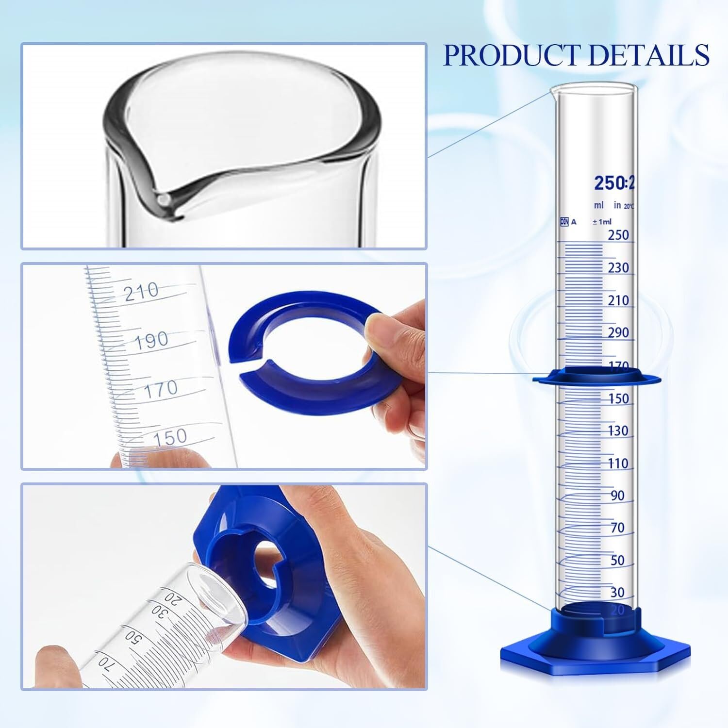 Probeta de Laboratorio para Ciencias, Juego de Cilindros graduados de Vidrio de borosilicato, 5-250 ml con Base y Cepillo(2 pcs 250ML)
