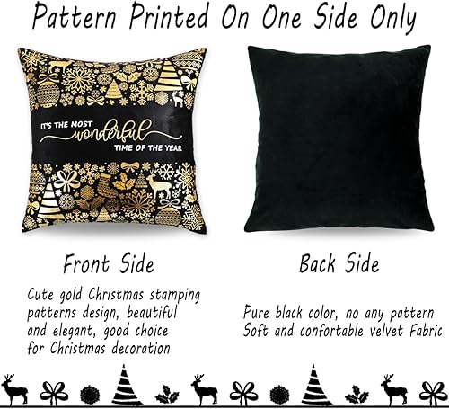 Miniatura 4 de Juego de 4 fundas de almohada de Navidad negras y doradas de 16 x 16 pulgadas, decoración navideña dorada y negra, copos de nieve, almohadas