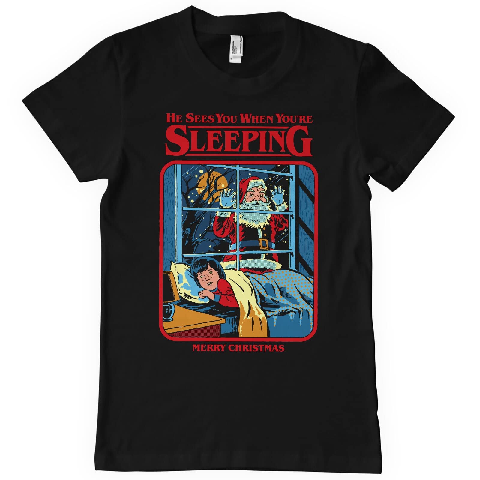 Steven Rhodes Men's Black Officially Licensed Santa Sees You T-Shirt (Black), Large