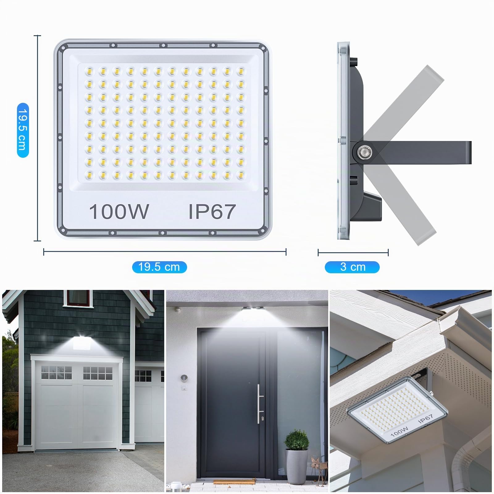 YIQIBRO 100W Focos LED Exterior 2 Piezas, 10000LM 6500K Superbrillante Blanco Frío Luces LED Exterior, IP67 Impermeable Proyector para Jardín, Terraza, Garaje, Almacén, Fábrica, Taller