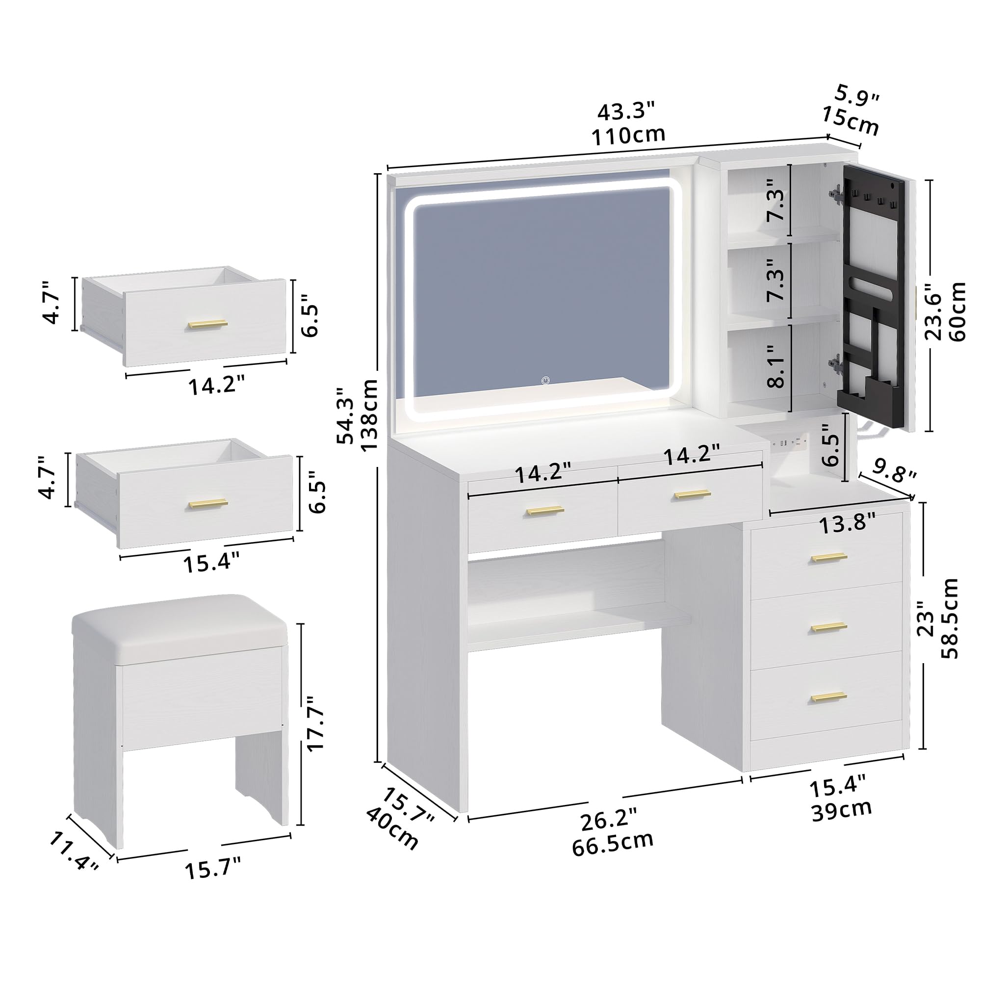 IRONCK Vanity Desk with LED Lights Mirror and Charging Station, Makeup Vanity Table with Storage Cabinet, Storage Bench, and Drawers for Bedroom, White