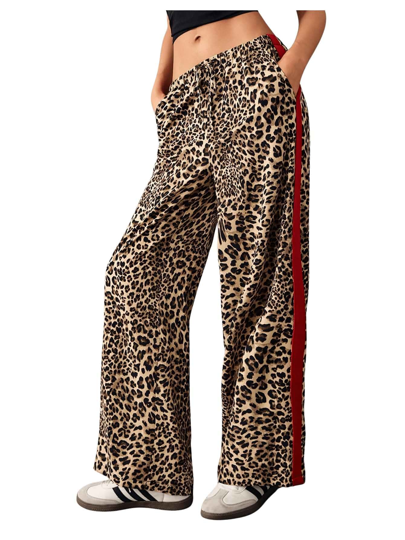 WDIRARA Women's Leopard Print Sweatpants High Waisted Wide Leg Baggy Pants Side Striped, Drawstring, Y2k, Cheetah Anmial Graphic, Track Pants