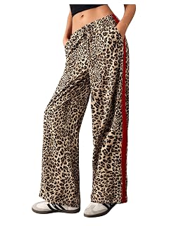 MakeMeChic Womens Leopard Print Pants Cheetah Sweatpants Drawstring Waist Wide Leg Baggy Jogger Pants