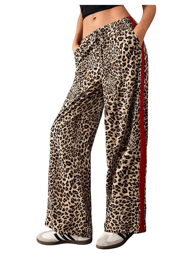 MakeMeChic Womens Leopard Print Pants Cheetah Sweatpants Drawstring Waist Wide Leg Baggy Jogger Pants