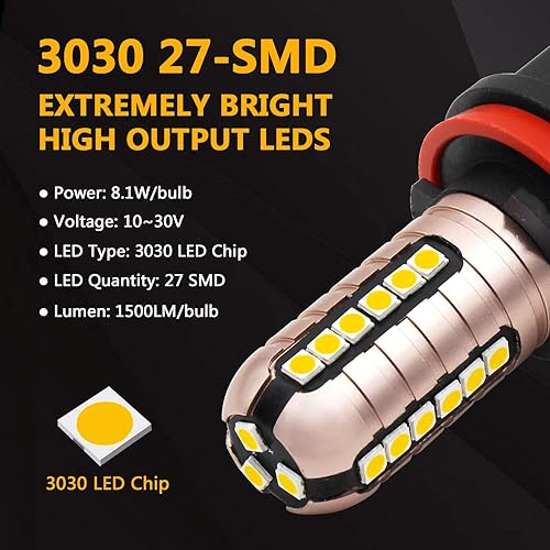 Vista 2 de PHINLION Bombillas LED antiniebla H11 de 3000 lúmenes, color amarillo dorado, superbrillantes, 3030 27-SMD H8 H16, repuesto para lámparas DRL