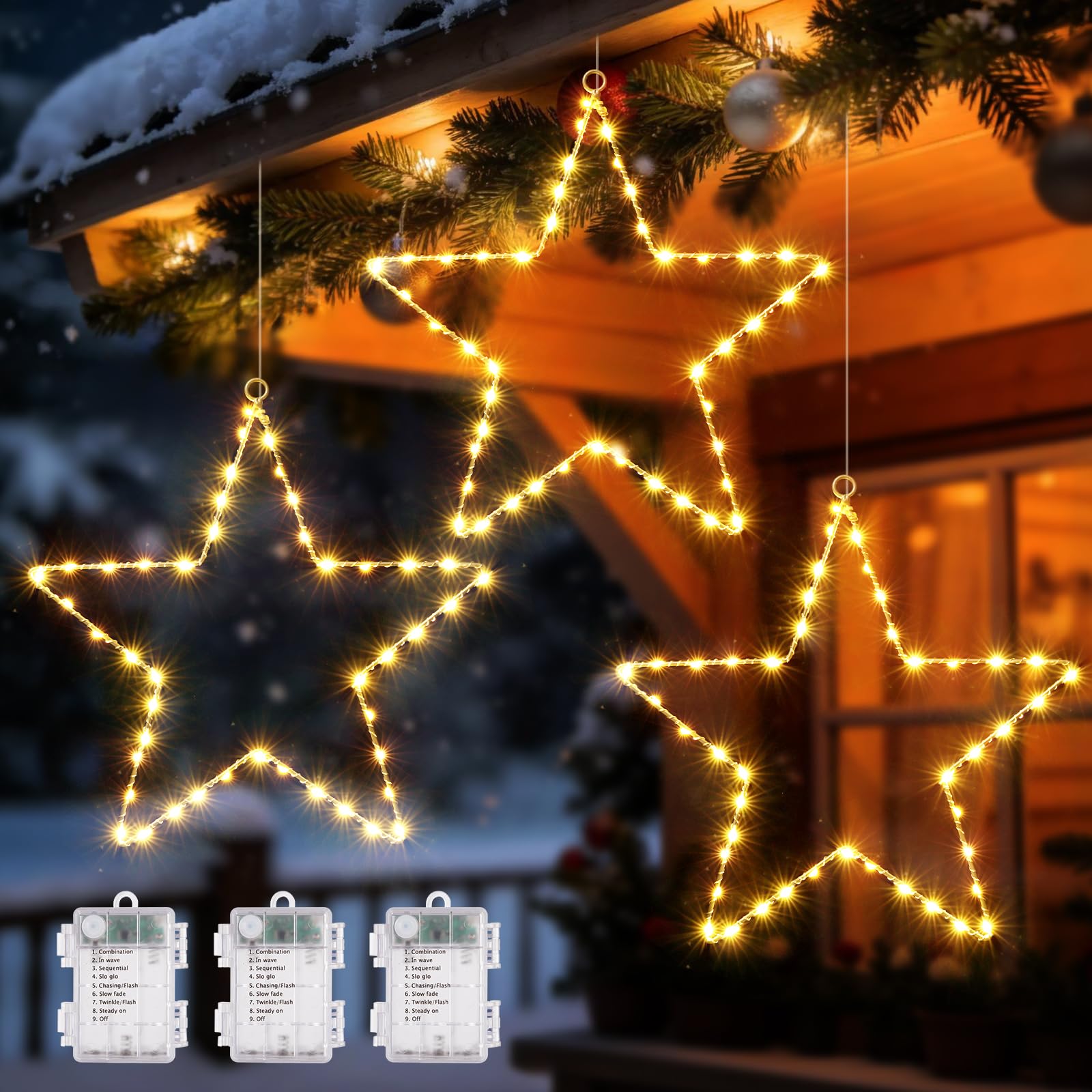 GlobaLink Window Light, 3Pack 135Leds Christmas Star Window Light Curtain Lights Battery Operated 8 Memory Modes Christmas Decoration for Kids Room Xmas Tree-Warm White