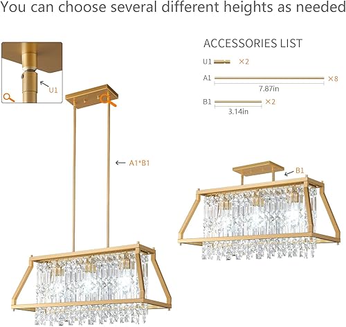 Miniatura 4 de LMQNINE Lámpara colgante de cristal de metal dorado para cocina, isla de comedor, sala de estar, techo plano e inclinado (rectangular, 25.98