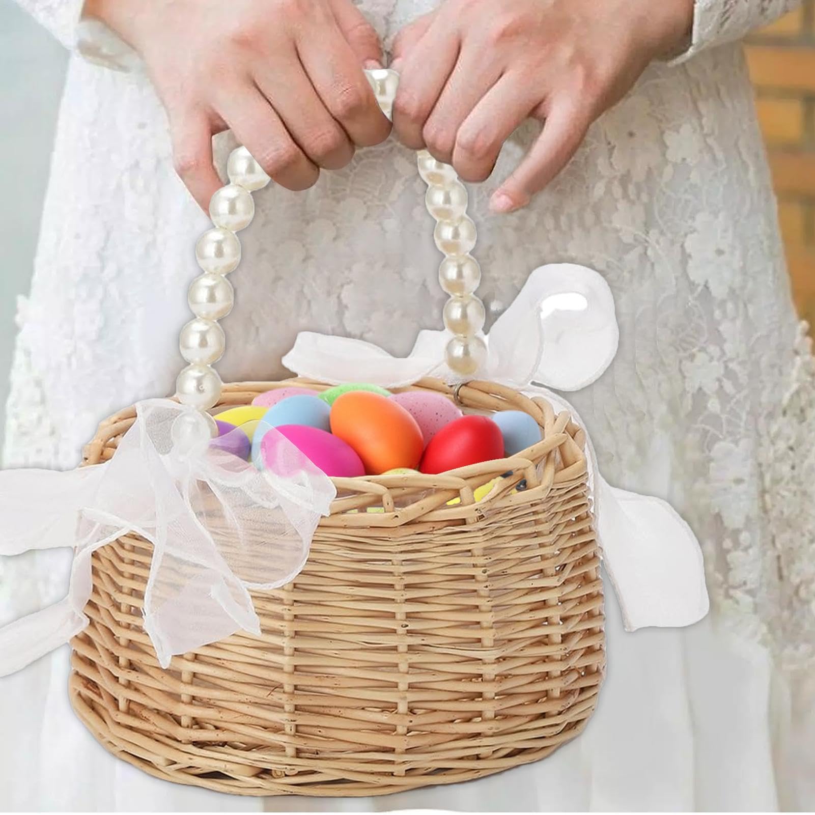 Cesto per fiori intrecciato, con manico di perle, cestino per biglietti di auguri di nozze, per damigelle d'onore, decoratori, biglietti di auguri, snack, casa, soggiorno, addio al nubilato, caminetto