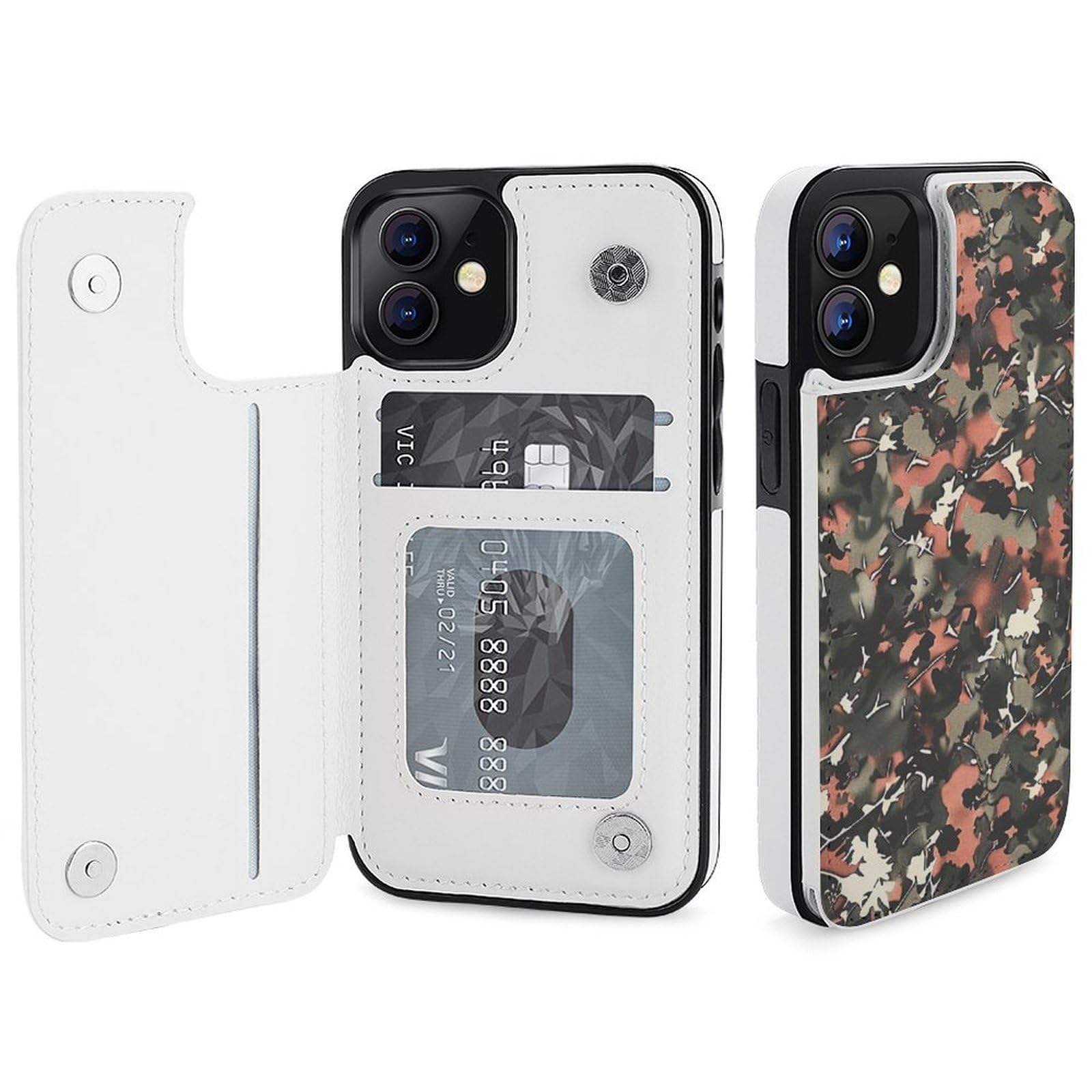 Funda tipo cartera para iPhone 12 Mini, diseño de camuflaje, de piel, con ranuras para tarjetas