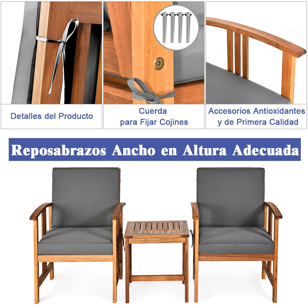 COSTWAY Conjunto Jardin Exterior de 3 Piezas, Madera de Acacia | , 2 Sillas y Mesa de Café, Cojines de Asiento y Respaldo Extraíbles, Muebles Conversación Jardin Terraza Balcon Exterior