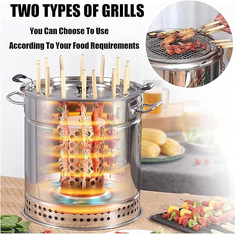 Barbecue a carbonella, barile in acciaio inox con spiedini, griglia da campeggio, griglia per verdure e carne