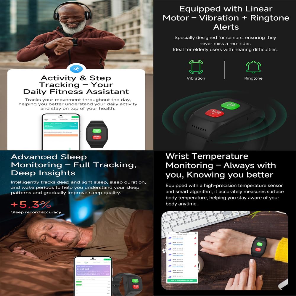 Reloj Detector De Caídas para Personas Mayores,con Detección De Caídas,Posicionamiento GPS,Chat De Voz Instantáneo,Función De Llamada Sos,Seguimiento De Actividad Y Monitoreo De Salud