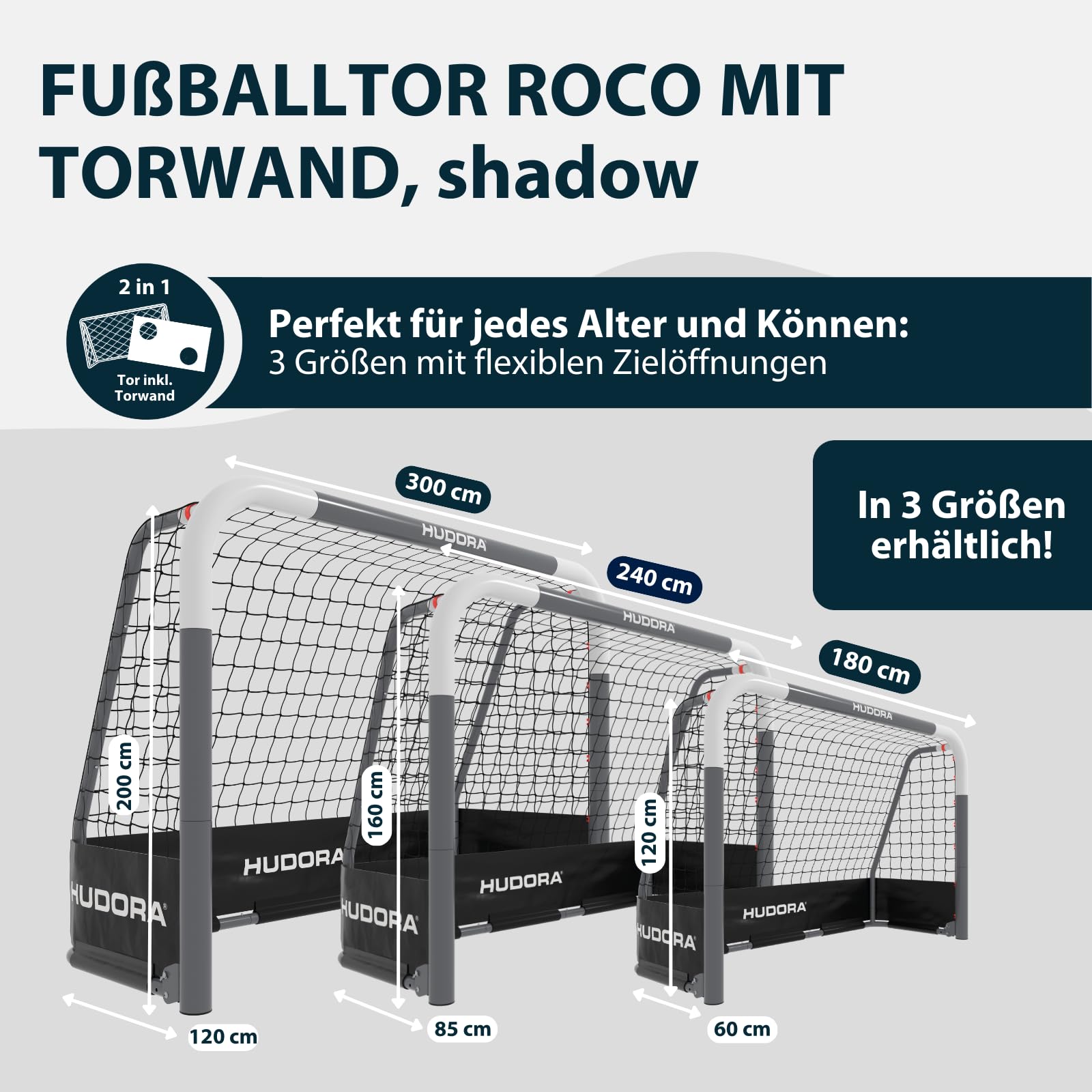 HUDORA Fußballtor RoCo mit Torwand (2-in-1) – Flexibles Targetshot-System – wetterfest, klappbar & stabil – für Kinder und Erwachsene – inkl. Punktzähler und variablen Zielöffnungen