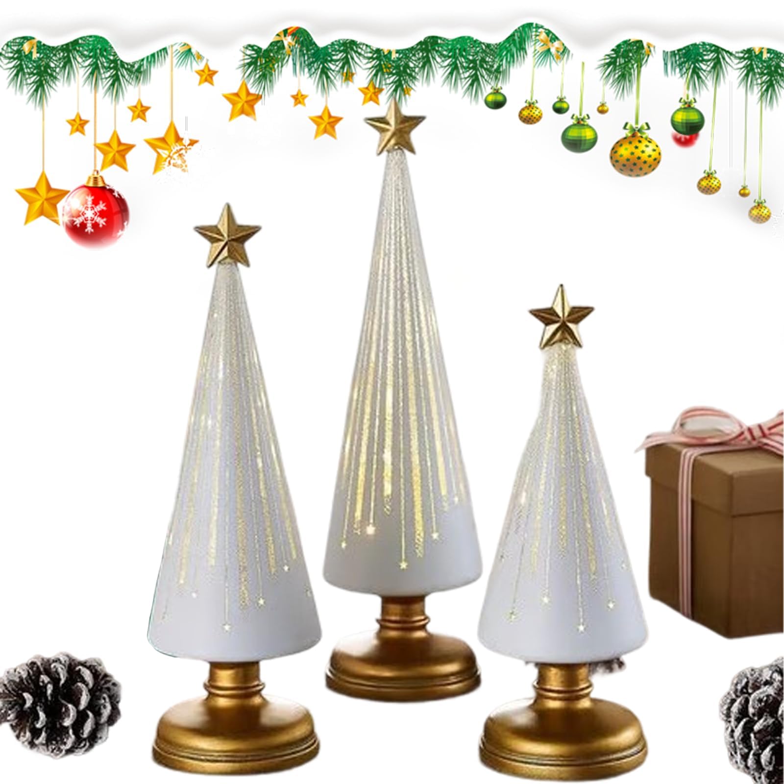 Sapins de Noël en verre avec lumières LED et décoration en résine