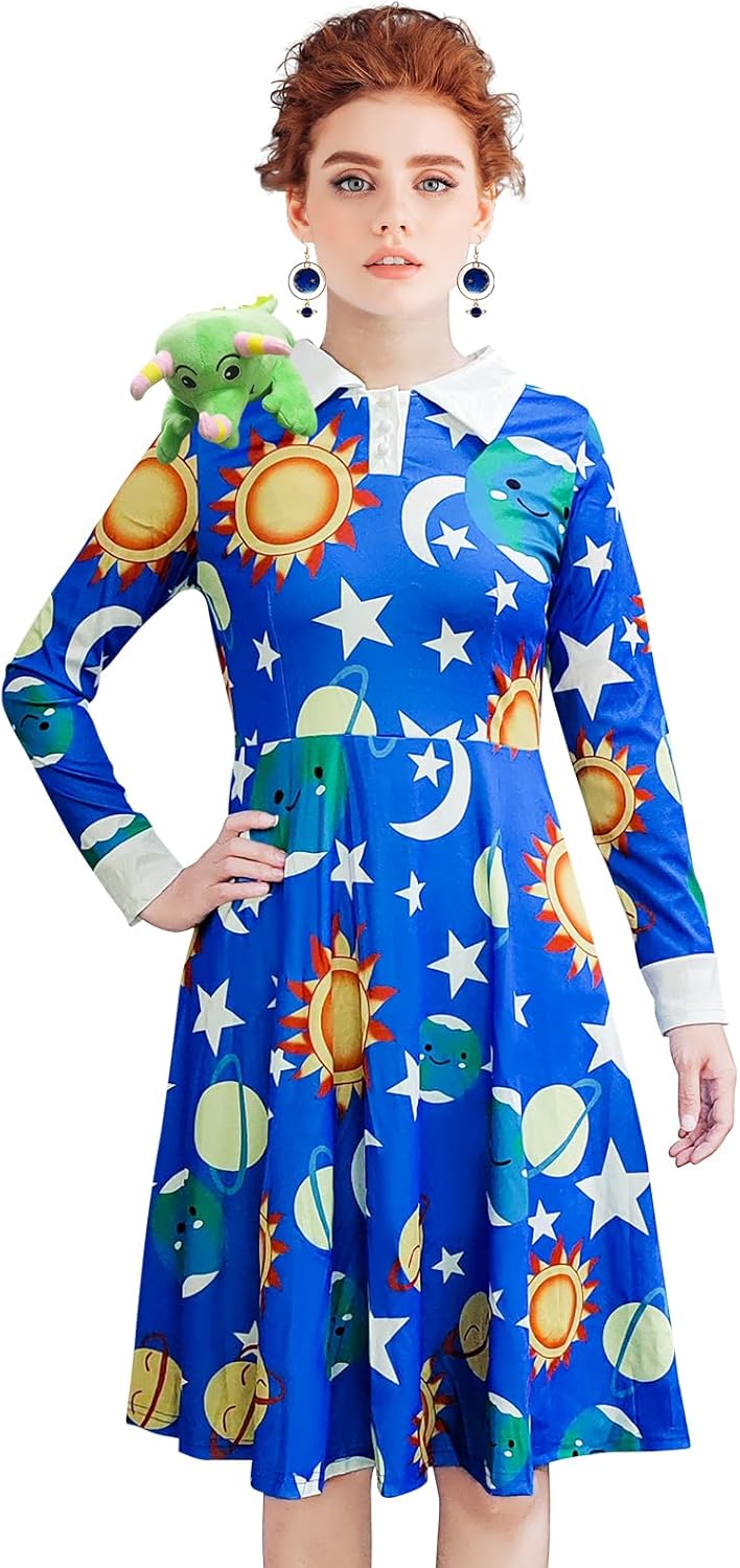 Halloween Women's Planets Stars Moon Solar System Dress Cosplay Costume A-Line Dress Bring lizard and earrings - Image 3
