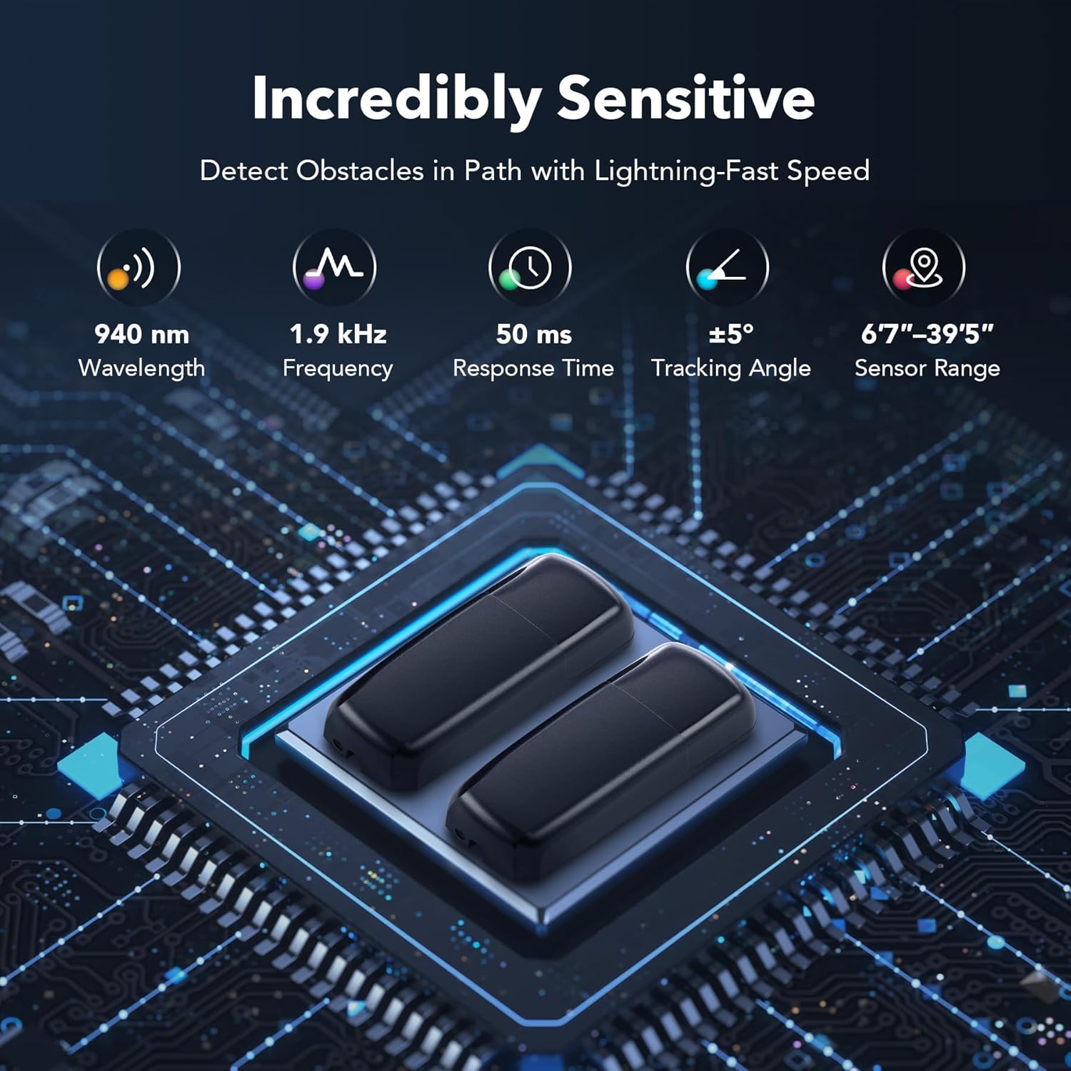 A black infrared sensor unit shown in a rainy environment, with text indicating IP55 weatherproofing, through-beam sensors, and a maximum 39'5 sensor range.