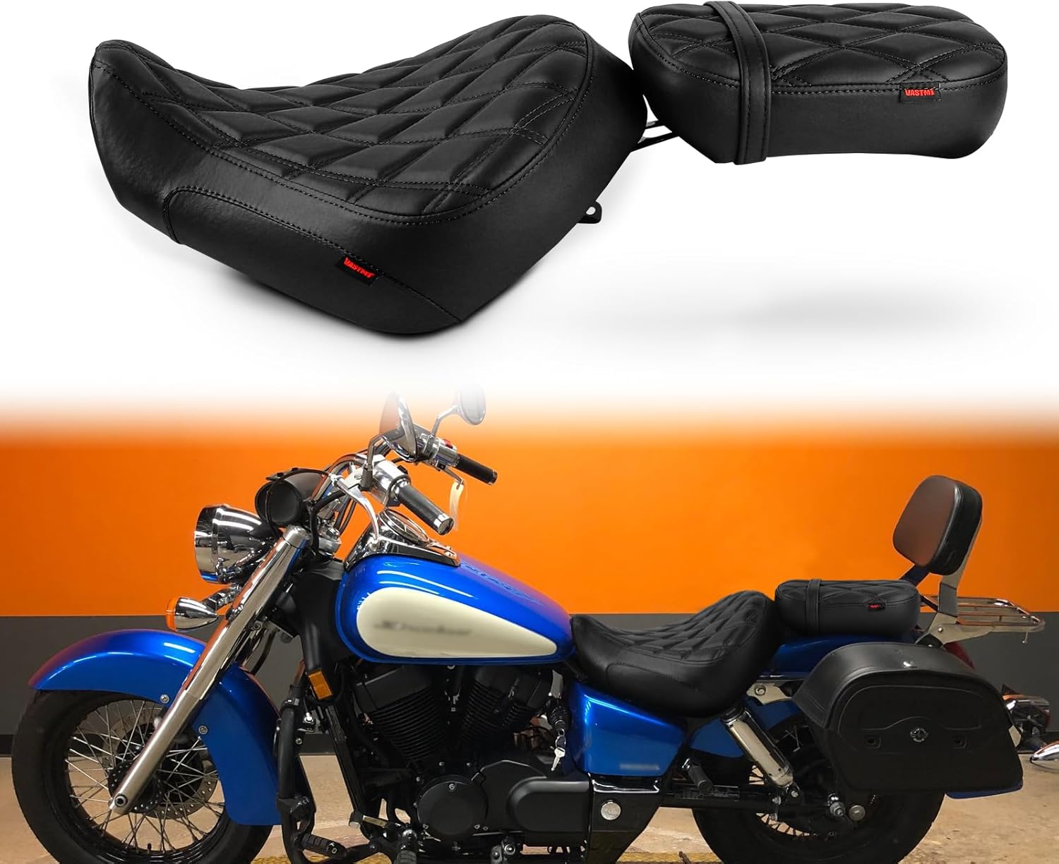 Two-Up Low Profile Motorcycle Front Rider Passenger Seat Pillion Cushion Diamond Pattern Compatible with Shadow Aero VT750 2004-2022（Black Stitching,Diamond Pattern)