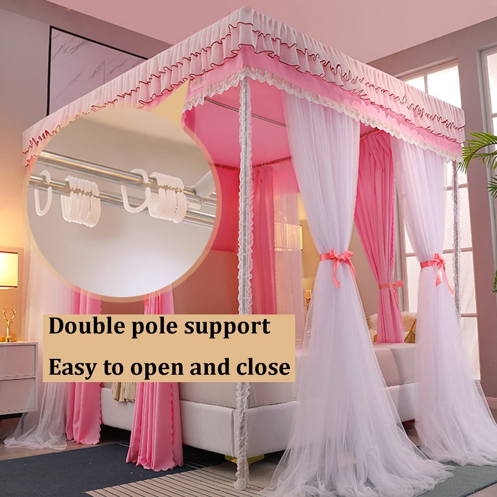 Mosquitera con dosel de cama, soporte de doble poste de lujo para protección a prueba de polvo, cortina opaca de suelo a techo, perfecta para decoración del hogar y mejora del sueño
