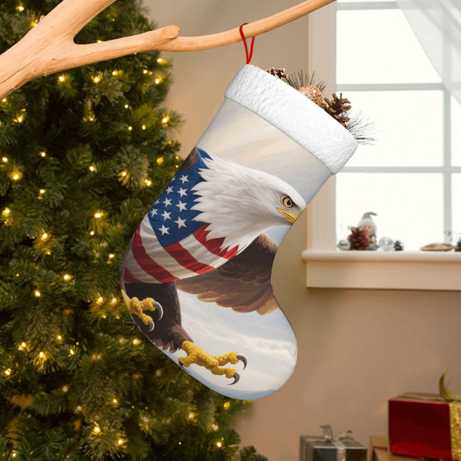 Velvet Christmas Stockings 17.7 Inch, American Eagle Flag Xmas Stocking with Soft Cuff,Classic Personalized Christmas Tree Decoration for Family Holiday New Year Party Supplies