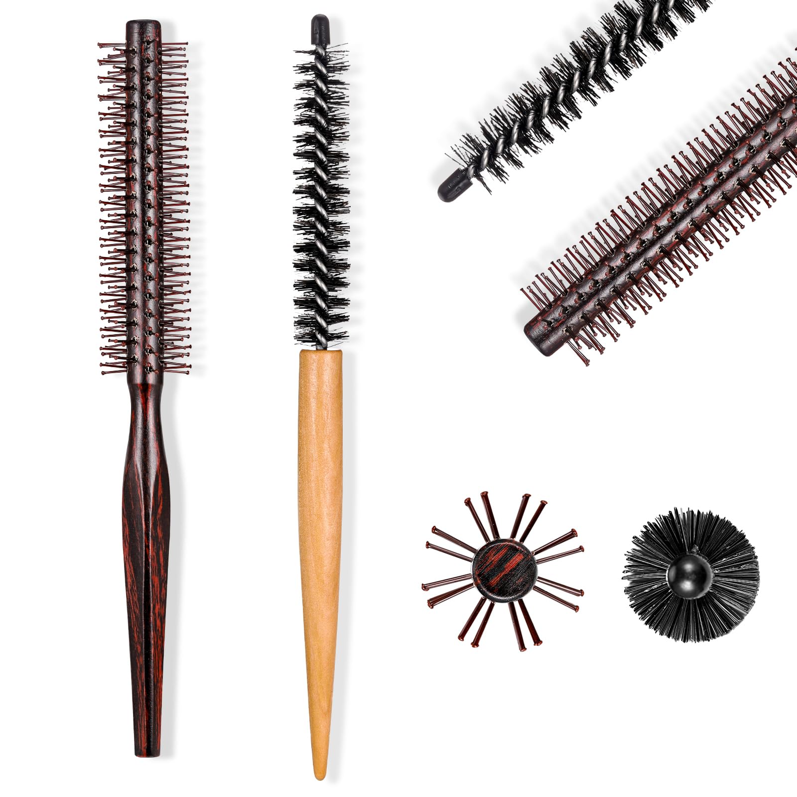 Zocipro 2Pcs Cepillos Peine Redondo Hombre Mujeres, Cepillo Pelo Redondo Pequeño para Pelo Rizado o Barba Con Mango de Madera Natural