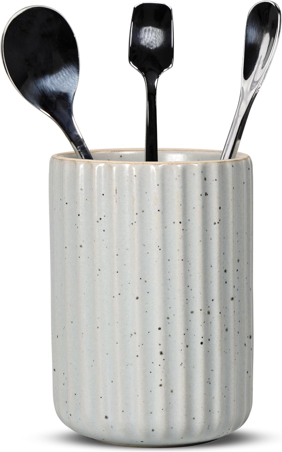 Ceramic Spoon Holder for Coffee Bar, Upright Tea Spoon Holder Cup, Coffee Stirrers Straws Stir Stick Holder, Spotted Grey Fluted Surface