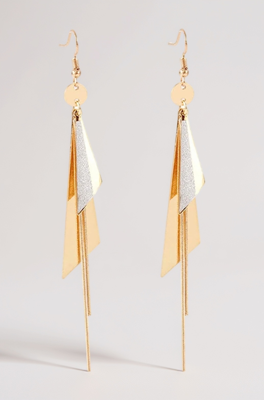 Nilu's Collection Gold Plated Geometric Triangle Long Tassel Drop Earrings for Women and Girls, Copper Triangular Drop Golden Danglers with Metal Chain