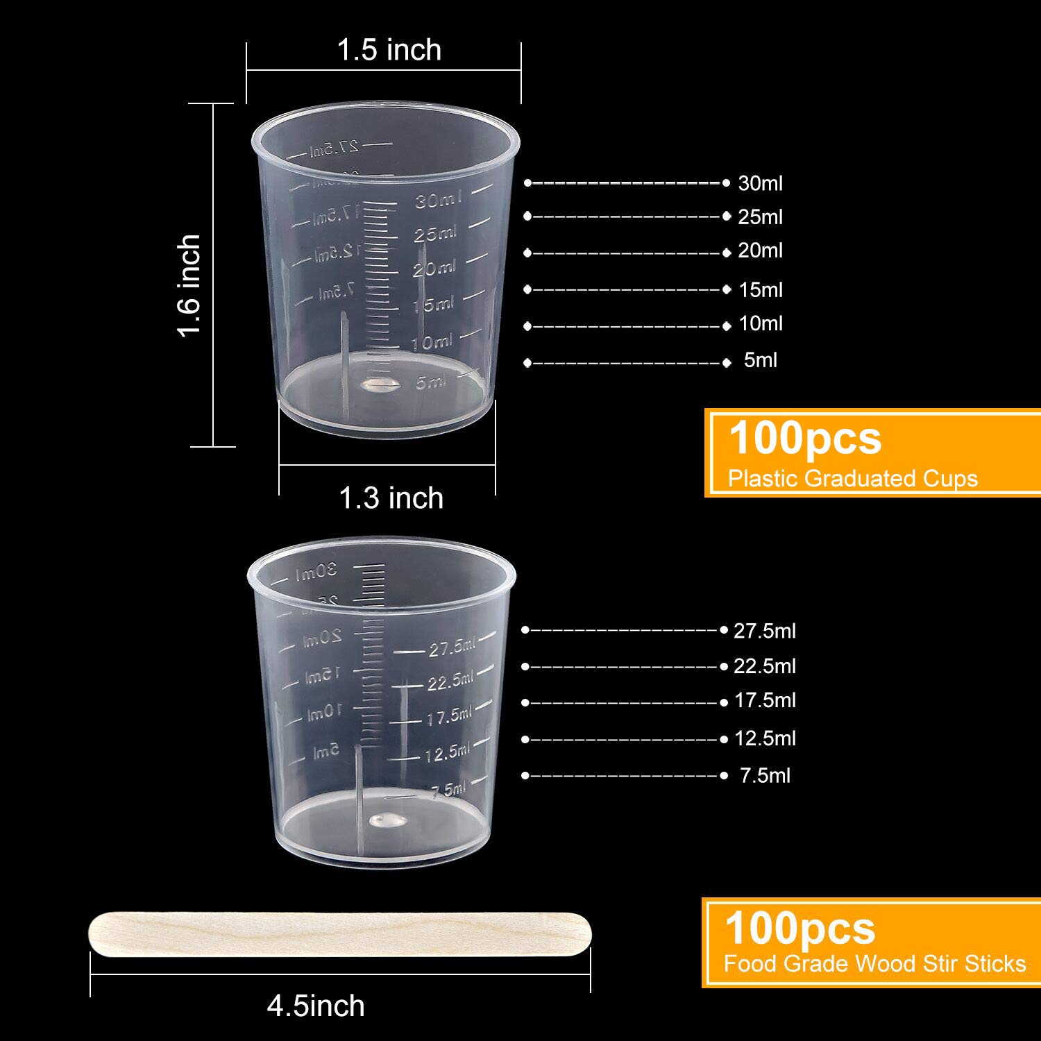 Coopay Vasos graduados de plástico transparente de 30 ml, vasos transparentes de escamas de 30 ml, con 100 varillas de madera para mezclar, resina, epoxi, manchas, pintura mezcladora