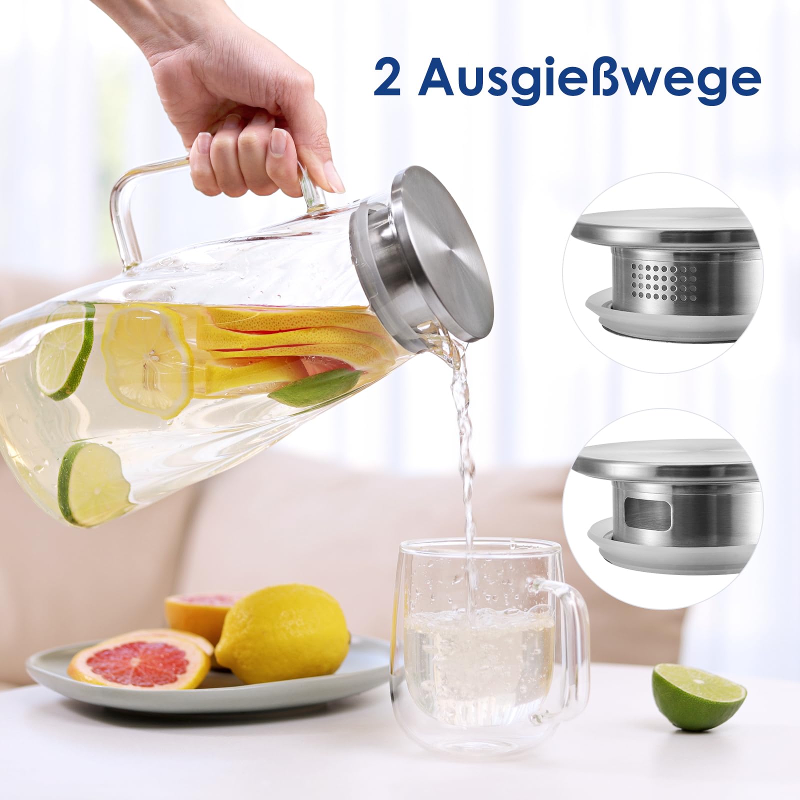 Vzaahu Carafe en verre avec couvercle - Carafe à eau glacée - 1,7 litres 57 onces - Verre borosilicate - Verre à thé - Verre à vin - Verre à jus - Verre à café - Verre à lait - Théière - Pichet
