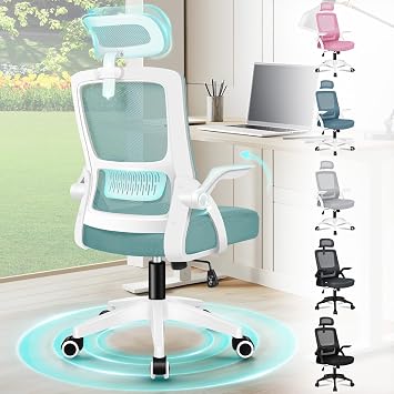 ELFORDSON Ergonomic Office Chair, Mesh Desk Chairs with Headrest Lumbar Support, Executive Computer Swivel Chairs with Flip-up Armrests, Comfy Seat, Height Adjustable, Rocking for Home, White & Cyan